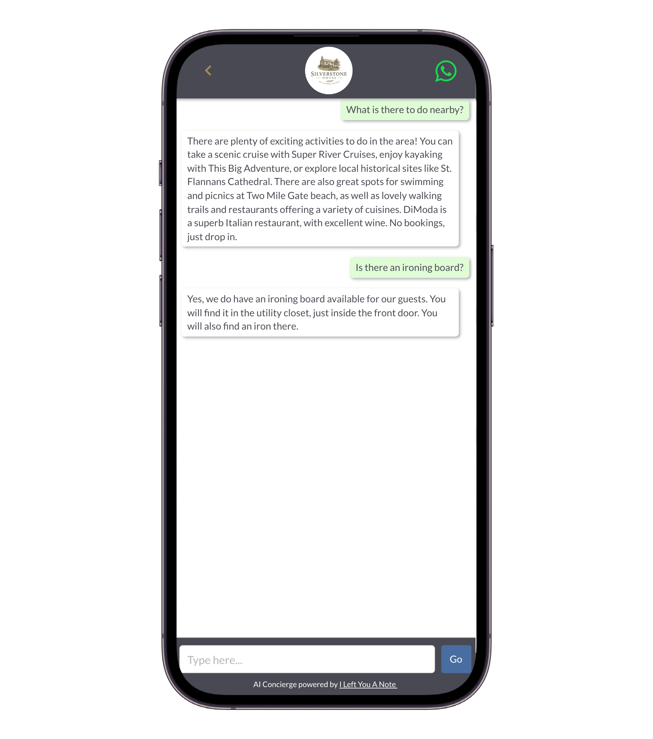 AI concierge answering guest questions - SilverStone House